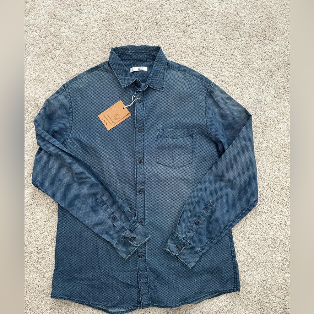 NWT Men’s Celio Faded blue button down design shirt in size L Neck 16”